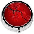Red Cherry Blossom Printed Round Travel Pill Box Cute Small Metal Pocket Pill Case for Men & Women 3 Compartment Portable Pill Organizer for Purse or Pocket