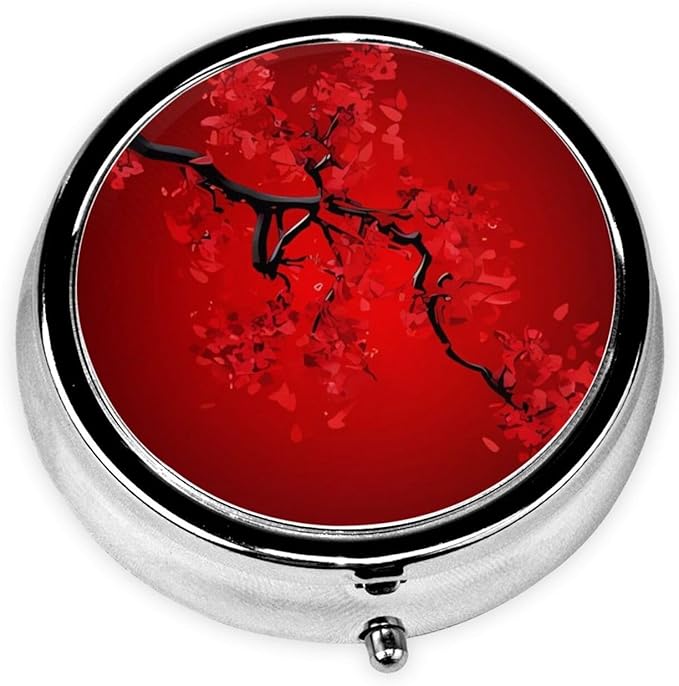 Red Cherry Blossom Printed Round Travel Pill Box Cute Small Metal Pocket Pill Case for Men & Women 3 Compartment Portable Pill Organizer for Purse or Pocket