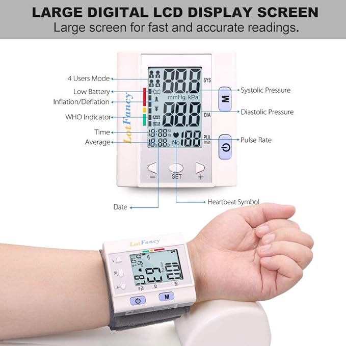 LotFancy Wrist Blood Pressure Monitor for Home Use, BP Cuff, Automatic Digital Blood Pressure Machine, BP Monitor, (5.3”-8.5”), 4 Users, 120 Memory, with Large Screen
