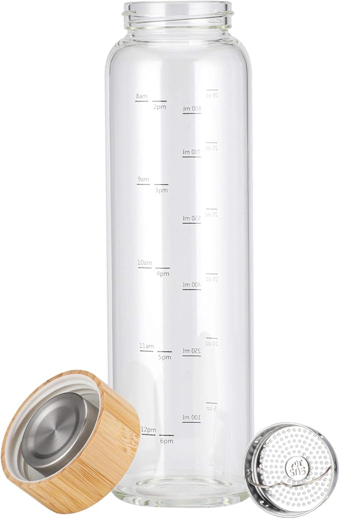 sunkey Glass Water Bottle 32 oz Wide Mouth with Sleeve Bamboo Lid Motivational Water Bottle With Time Marker Reusable Safe for Hot Cold Drinks Bpa Free (Navy Blue)