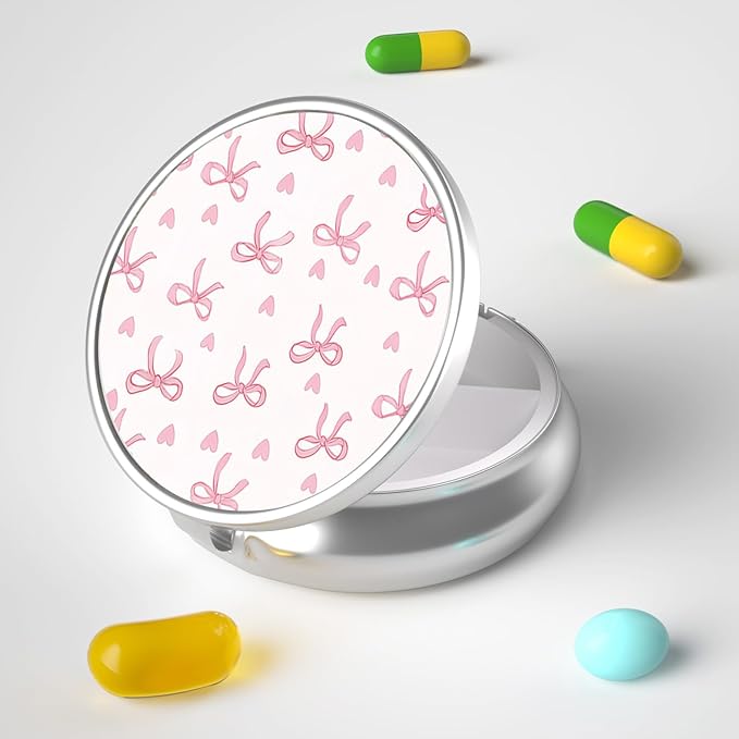 Pill Box, 3 Compartment Portable Travel Medicine Box with Mirror, Compact and Cute, Fits in Purse and Pocket, Medicine and Vitamin Organizer (Pink Bow)