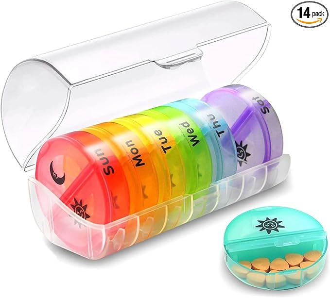 7-Day Pill Organizer with Two Compartments Per Day, Ideal for Pills/Vitamins/Fish Oil/Supplements Storage, BPA-Free and Easy to Clean (Clear)