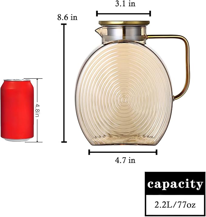 77oz Large Glass Water Pitcher with Gold Lid for Fridge Wide Handle Coffee Carafe for Party Water Jug Lemonade Iced Tea Jug Juice Sun Tea Jar for Drinks 2.2L