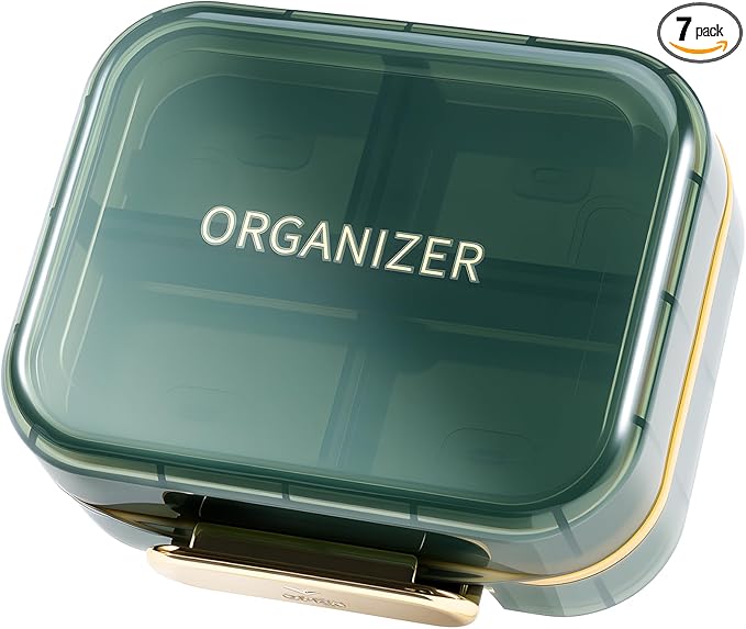 Odaro Travel Pill Oraganizer, Small Medicine Pill Organizer for Purse, Portable Daily Pill Box, Compact Moistureproof 7 Compartments Pill Case for Vitamin and Supplements - Green