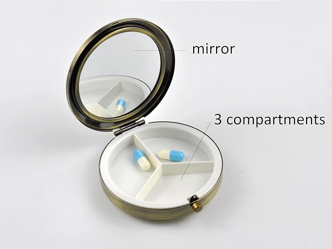 Retro Compact Pill Case with Mirror for Purse Travel Medicine Organizer (Light Gold), PC02
