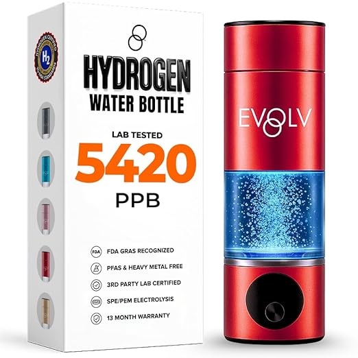 EVOLV Hydrogen Water Bottle Generator – SPE & PEM Water Ionizer 5.4PPM, Highest H2 Concentration – Portable 8oz Hydrogenated Water Bottle – Leak-Proof Hydrogen Water Machine, Easy to Use – Crimson