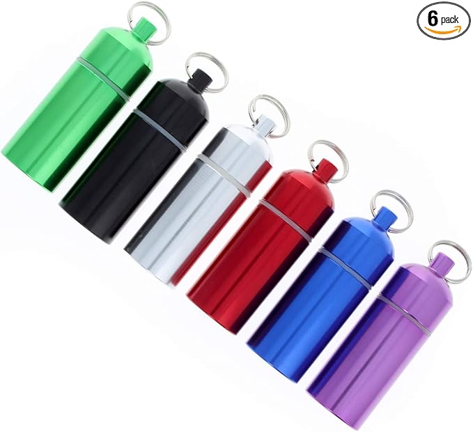(6-Pack) ID Pill Holder Key Chain O Ring Cap Plastic Coated Interior (Assorted Colors)