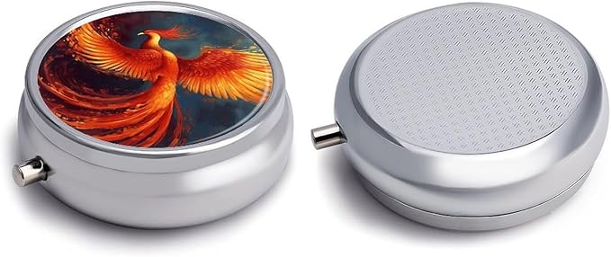 Orange Red Phoenix Pill Box Travel Pill Case for Purse Pocket Weekly Medicine Organizer with Mirror 3 Compartment Round Medicine Case Portable PillcaseHolder for Daily