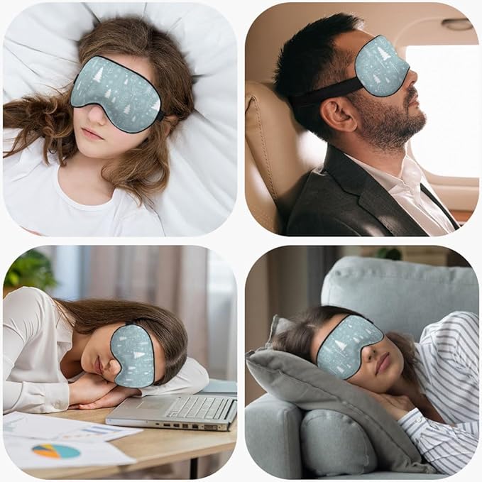 Pine Snowflakes Silk Eye Mask Sleep Mask Snow Winter Christmas Pattern Blue Eye Mask with Adjustable Strap Lightweight for Women Work Travel Night Sleep