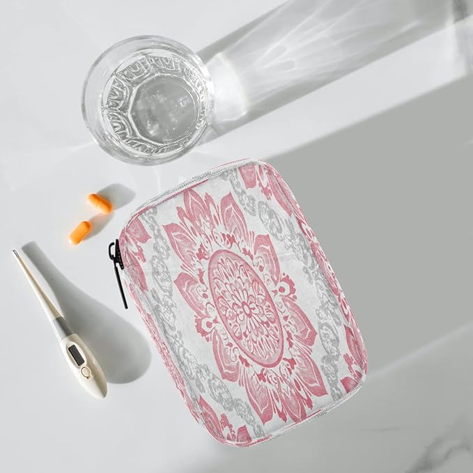 Pink Mandala Art Pill Case Travel Pill Organizer Weekly 7 Day Portable with Zipper Medicine Box Pill Case for Vitamins, Birth Control,Fish Oils,Medication, Supplements