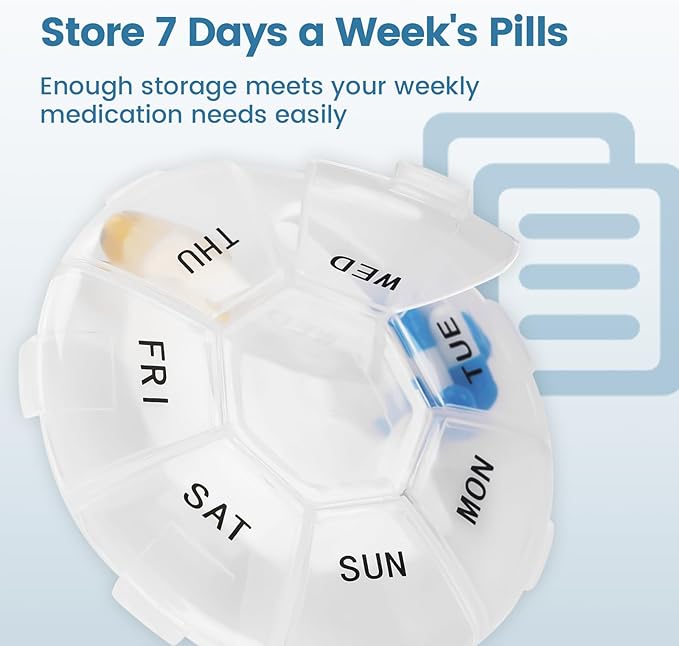 Travel Pill Organizer 7 Day, Pill Case, Vitamin Organizer, Small Daily Pill Container for Pocket Purse Medicine Organizer, White and Clear Lids