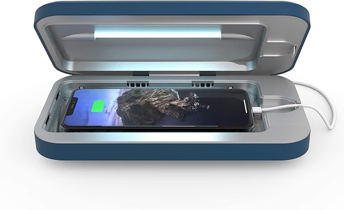 PhoneSoap Go Battery Powered UV Cell Phone Sanitizer & Universal Phone Charger Box | Patented & Clinically Proven 360-Degree UV Box for Smartphones | Disinfects & Charges On The Go (Indigo)
