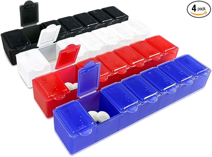 USA Merchant - 7 Day Small Pill Box with Snap Close Lids - Weekly Pill Organizer 4 Times a Day or 28 Day Dispenser - Comes with 4 Separate 7 Day Pill Containers for Vitamins, Supplements, and Medicine