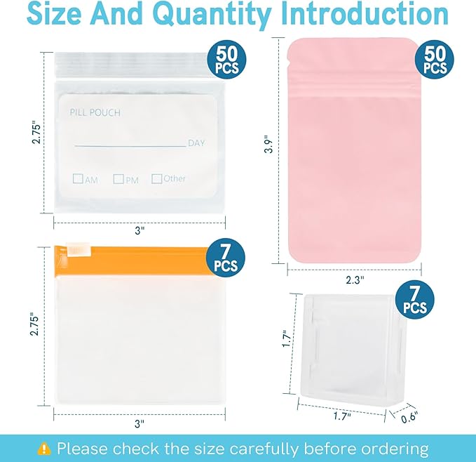 114PCS Travel Pill Organizer - RAINFLOW Bpa Free Pill Bags for Travel, Pack of 50 Clear Label Writing Baggies 50 Mylar Bags 7 Colors Small Ziplock Bag 7 Pill Box AM PM Supplements Baggies