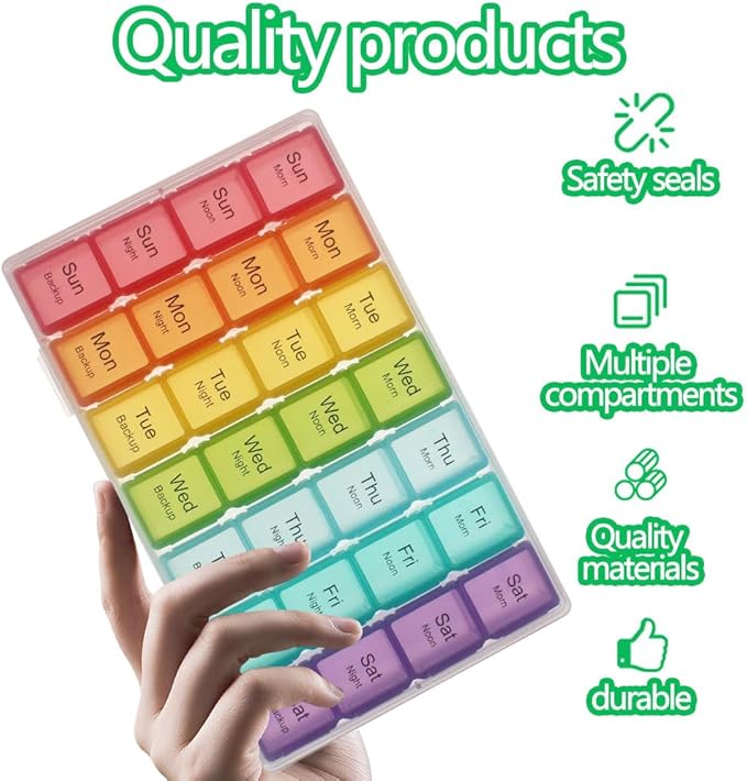 Large 7 Day Weekly Pill Organizer,4 Times a Day with Moisture-Proof Design,Portable Pill Box with Double Protection, Travel Pill Case for Vitamins and Medications