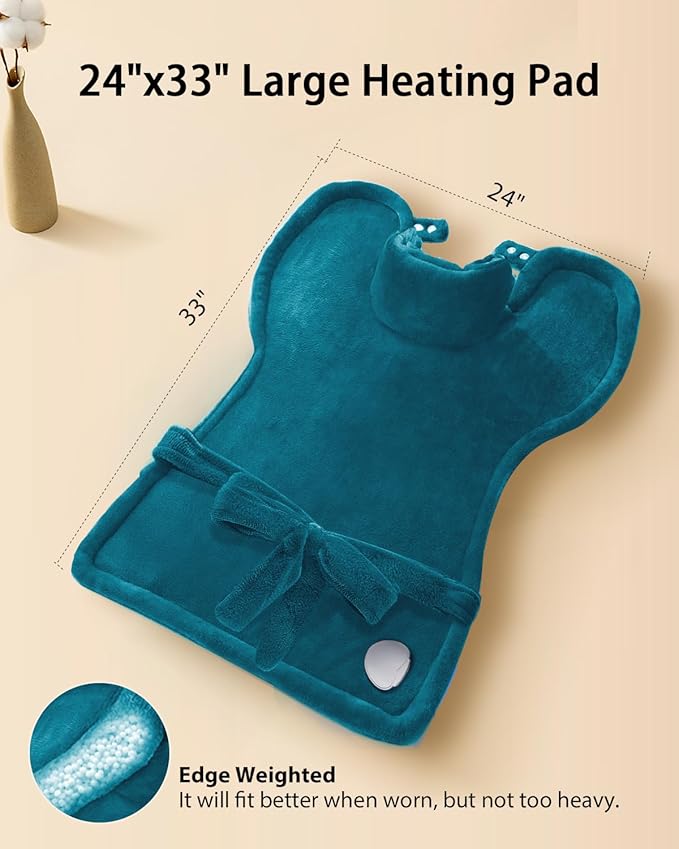 Electric Heating Pad for Back Pain Relief, LANVA Mothers Day Gifts for Mom Wife Grandma, Edge Weighted Heat Pad for Neck and Shoulders & Period Cramps, 6 Heat Settings, 4 Timer Options, 24"x33", Blue
