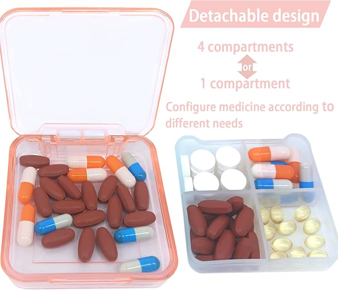 Pill Case for Pocket Travel Pill Organizer Small Pill Box Portable 4 Compartments Removable Medicine Organizer for Vitamin Fish Oil (Light Pink)