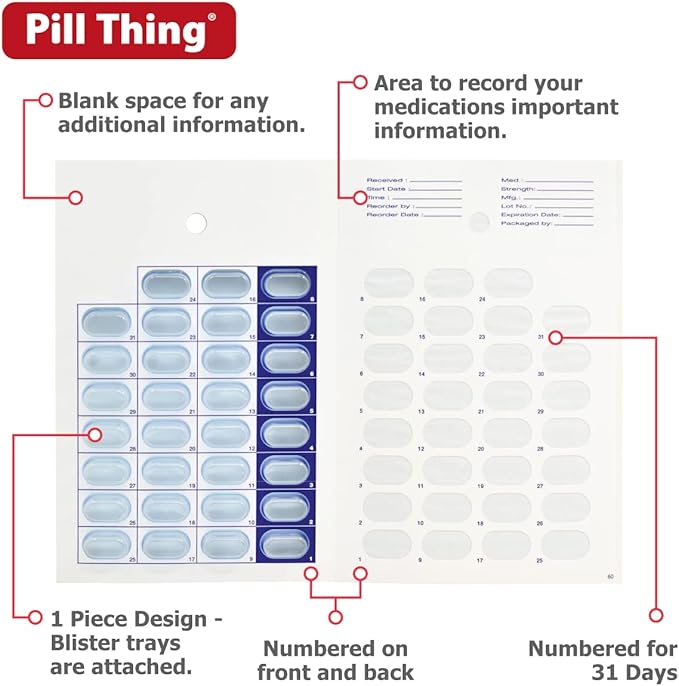 Monthly Pill Organizer Cold Seal Medication Blister Cards – DIY Pharmacy Pill Packaging for Medication, Disposable, Easy to Use, Just Fill and Seal (31 Day-6 Packs)