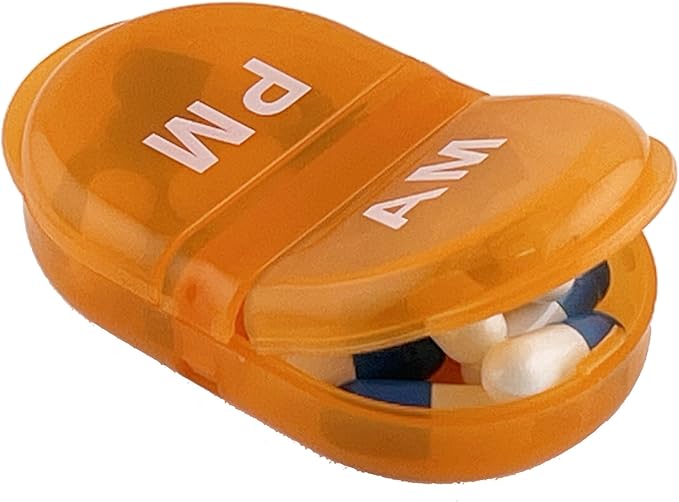 Deke Home - Pill Organizer AM PM, 2 Compartment Pill Box for Pocket or Purse, Small Daily Medicine Case, Travel Pill Holder, Easy Open Pill Container for Seniors, Vitamins & Supplements (Orange)