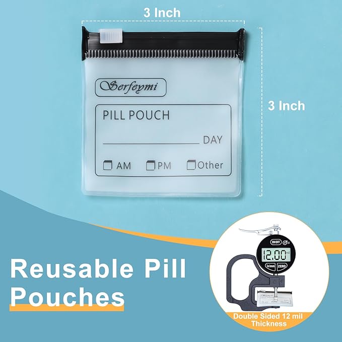 Serfeymi 48 Pcs Pill Pouch Bags for Travel Reusable Plastic Bags 3x3 Inch 12 mil (Double Sided) Translucent Zippered Pill Pouches for Medicine with Slide Lock & Writable Label, 1 Pc Marker-Green+Black