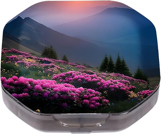 This Portable Pink Rhododendron Sunset Pattern 4-Compartment Pillbox Can Be Placed in A Pocket Or Wallet to Store Vitamins, Medicines Fish Oil Health Supplements Other Medications.