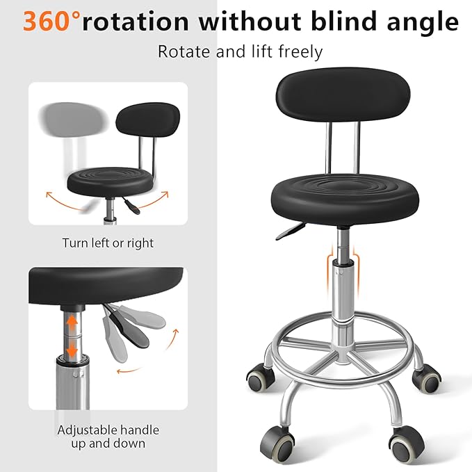 Chair with Wheels PU Leather, with Backrest, Height Adjustable, 360° Swivelling Armless Barstool with Footrest, Ideal for Pubs, Restaurants, Offices, Homes, Tattoos, Massages (Black)