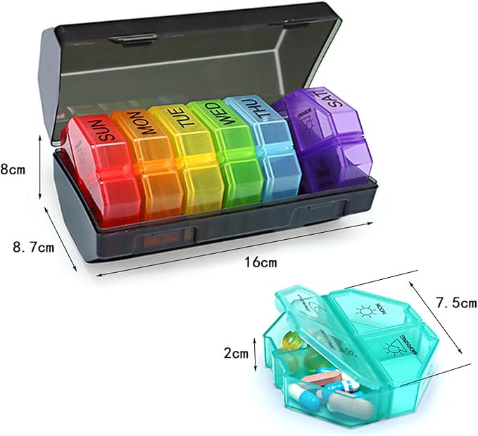 Weekly Pill Organizer 4 Time a Day，Pill Dispensers， Pill Box 7 Day with 28 Extra Large Compartments Portable Travel ，4 Times a Day Pill Case, for Medication/Vitamins/Fish Oils (Black Rainbow)