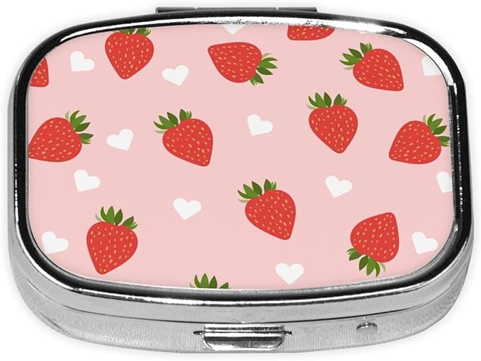 Kawaii Strawberry Pill Box with Mirror 2 Compartment Metal Square Small Pill Case for Purse or Pocket Portable Pill Container Holder Travel Medicine Organizer for Vitamin Fish Oil Supplement
