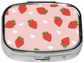 Kawaii Strawberry Pill Box with Mirror 2 Compartment Metal Square Small Pill Case for Purse or Pocket Portable Pill Container Holder Travel Medicine Organizer for Vitamin Fish Oil Supplement