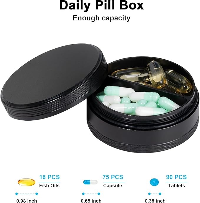 2 Compartment Metal Pill Box - Waterproof Aluminium Travel Pill Case Daily Purse Pocket Medicine Container, Portable Pill Organizer Holder for Medication, Vitamins, Fish Oils