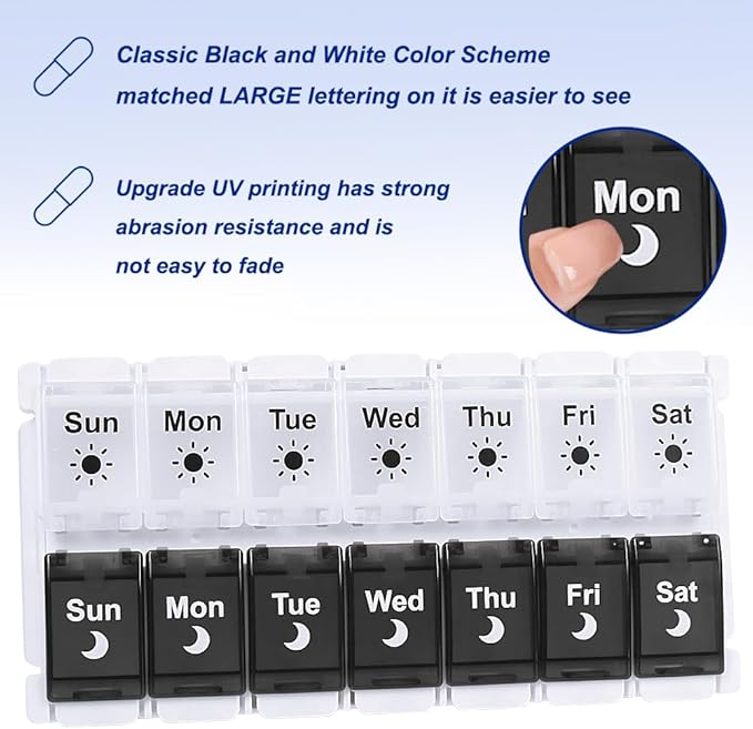 HRX Package Pill Organizer 2 Times a Day, Easy Fill & Open Weekly Medicine Box Vitamin Cases for 7 Day AM PM