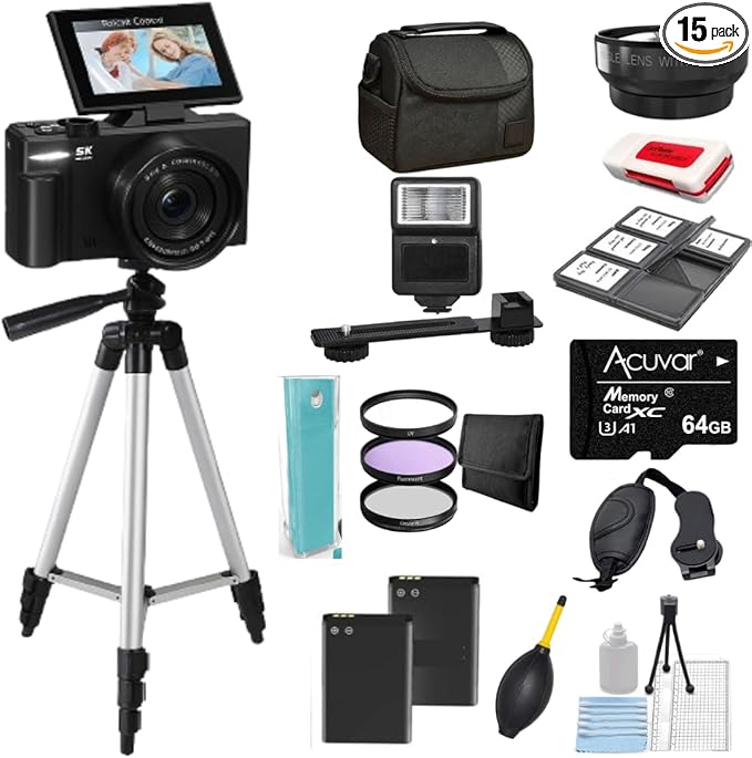 4K/5K Digital Camera – 75MP Vlogging Camera for YouTube, 180° Flip Screen, 18X Zoom, WiFi – Black Ultimate Kit with 64GB Card, 50" Tripod, Carrying Case, Macro/Wide Lens, Flash & Filters – Acuvar