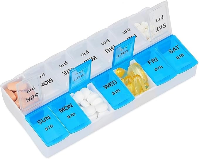 Pill Organizer 7 Day, Pill Box 2 Times a Day AM PM Pill Case, Weekly Pill Container Portable Travel Medicine Box for Vitamins and Supplements (Blue-White)