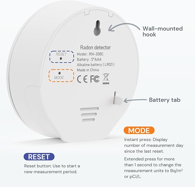 LifeBasis Radon Detector for Home, Portable E-Ink Display Radon Meter with Short & Long Term Monitoring of Radon Levels, Switchable Mesurement Unit Bq/m3 or pCi/L, Battery-Powered