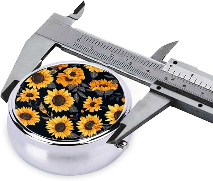 Sunflower Style6 Print Round Metal Pill Box with 3 Compartment for Pocket or Purse Travel Bag Mini Small Size 2 inche