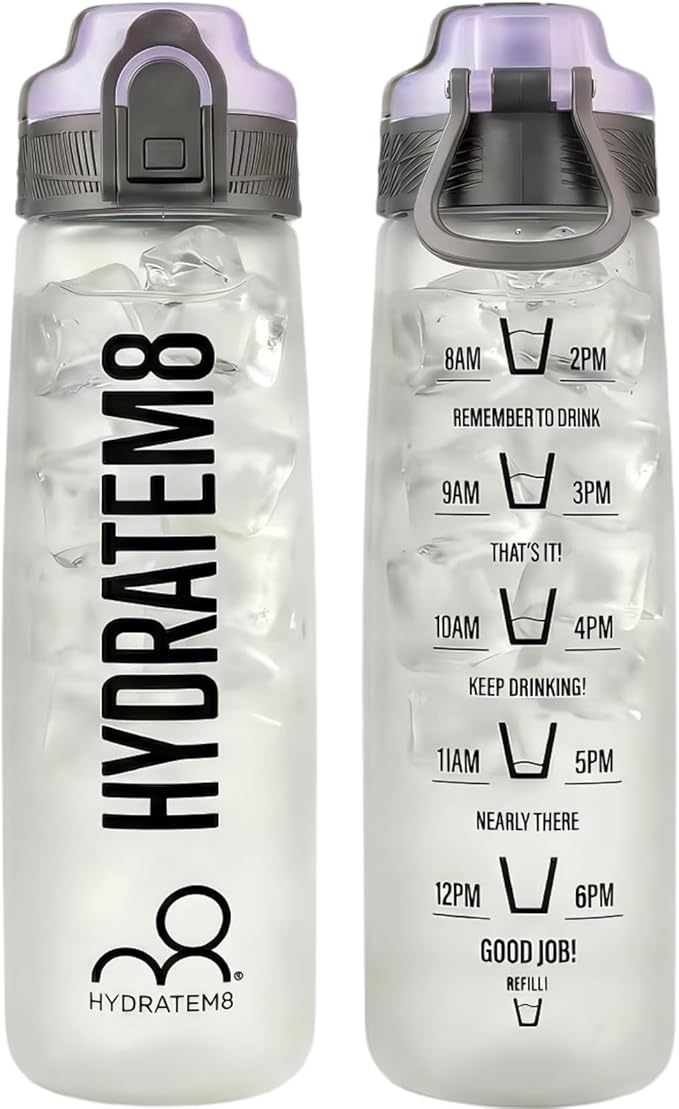 HYDRATEM8 - Active Motivational Sports Water Bottle with Time Markings, BPA Free, Drinks Bottle, 32oz - Frosted