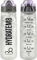 HYDRATEM8 - Active Motivational Sports Water Bottle with Time Markings, BPA Free, Drinks Bottle, 32oz - Frosted