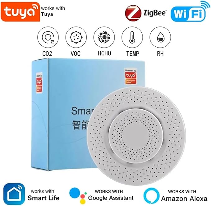 Tuya Zigbee/WiFi Air Quality Sensor Smart Air Box CO2 Meter Formaldehyde VOC Temperature Humidity Sensor Via Alexa Google Home(WiFi Version 5in1)