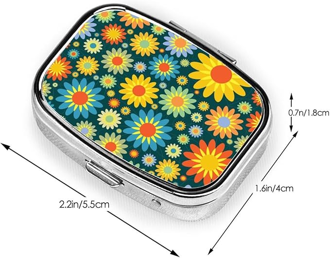 Abstract Hippie Flower Print Square Metal Pill Box with 2 Compartment for Pocket or Purse Travel Bag Small Size 2.2 inche