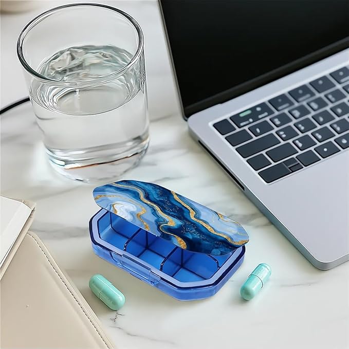 This Portable Watercolor Gold and Blue Marble Pattern 6-Compartment Pillbox Can Be Placed in A Pocket Or Wallet to Store Vitamins, Medicines Fish Oil Health Supplements Other Medications.