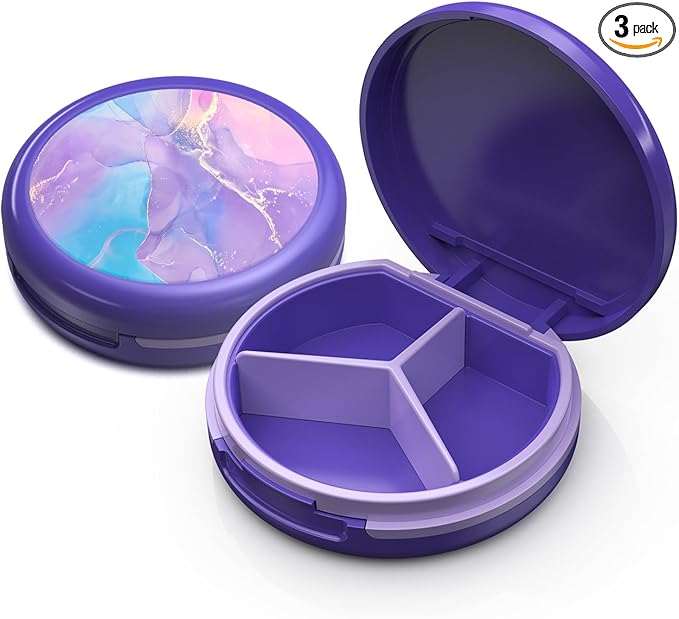Serfeymi Small Pill Case for Purse, Unique Artistic Patterns Travel Pill Box with 3 Compartments, Portable Mini Pill Organizer for Pocket, Decorative Pill Container for Purse - Purple(Marble)