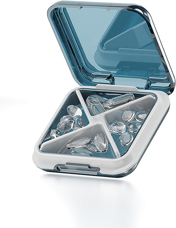 Small Pill Box Waterproof Travel Pill Case Portable Daily Pill Container Pill Holder for Purse 4 Compartments Pocket Compact Medicine Organizer for Fish Oils,Supplements,Medication (Blue)