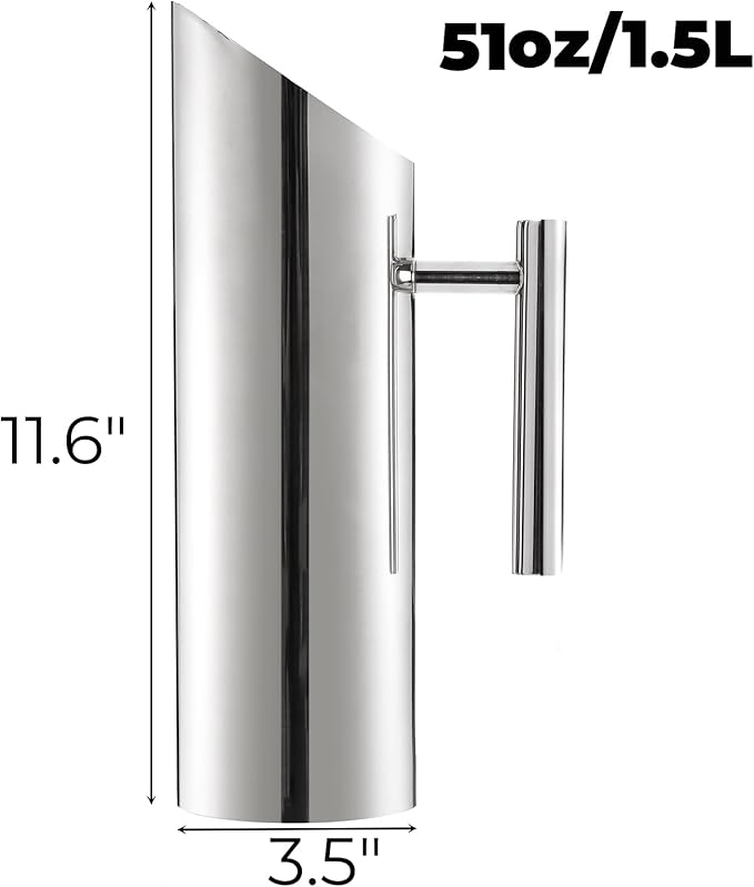 Hiceeden Stainless Steel Water Pitcher, 51oz/1.5L Modern Metal Pitcher with Ice Guard, Silver Carafe Drink Pitcher with Handle, Beverage Container for Iced/Hot Tea, Juice, Coffee, Milk