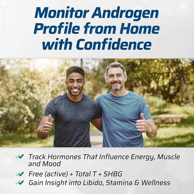 3-in-1 Androgen Test – at-Home Sample Collection Kit | Measure Total T, Free (Active) T & SHBG for Wellness Tracking | CLIA Lab Tested | Painless Collection