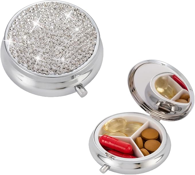 Bling Pill Box, 3 Compartment Medicine Pill Case Holder, Bling Crystal Rhinestones Waterproof Pocket Pill Case ound Medicine Organizer for Vitamin/Fish Oils/Supplement. (Silver)