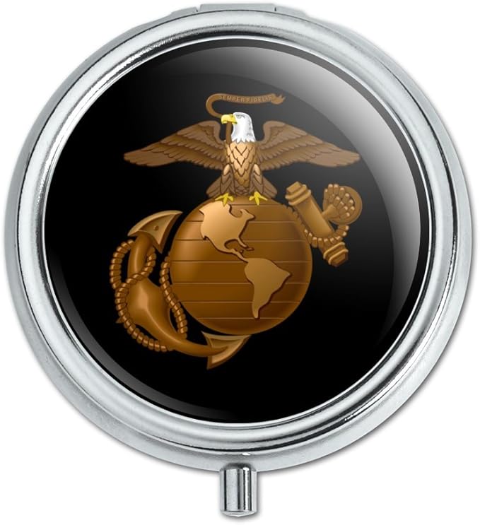 GRAPHICS & MORE Multi-purpose Round Pill Case, 1 Compartment, Easy Open, Officially Licensed USMC Golden Logo on Black Eagle Globe Anchor Trinket Gift Box