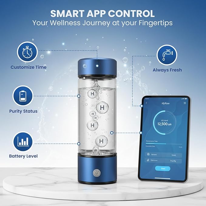 Hydrogen Water Bottle, Portable & Rechargeable – Molecular Hydrogen Water Generator, Alkaline Ionizer, Hydrogenated Water Purifier for Health & Fitness with Hydrogen-Rich Water Blue