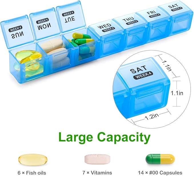Sukuos Monthly Pill Organizer 28 Day Easy to Open, Large Moisture-Resistant Pill Box Cases with Dust-Proof Box and Clear Lid for Vitamin/Fish Oil/Supplements