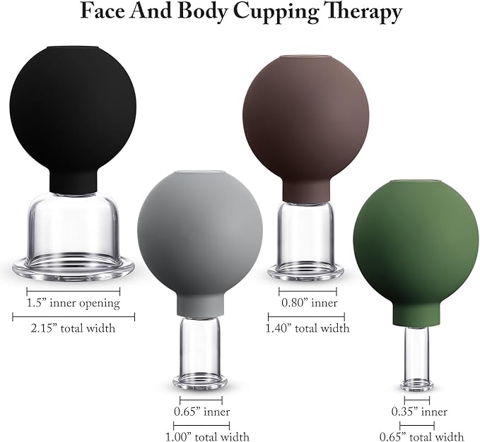 BBTO 4 Pcs Glass Facial Cupping Set Silicone Vacuum Suction Massage Cups Skin Tightening Therapy for Face Body Eyes Back Shoulder Pain(Minimalist)