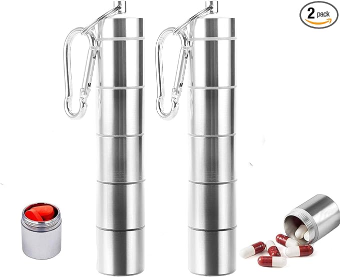 2 Pack Portable Pill Box, Floor88 5 Compartments Pill Case Aluminum Alloy Pill Holder Waterproof Medicine Organizer Mini Metal Pill Container with Keychain & Carabiner for Outdoor Travel Camping (#B)